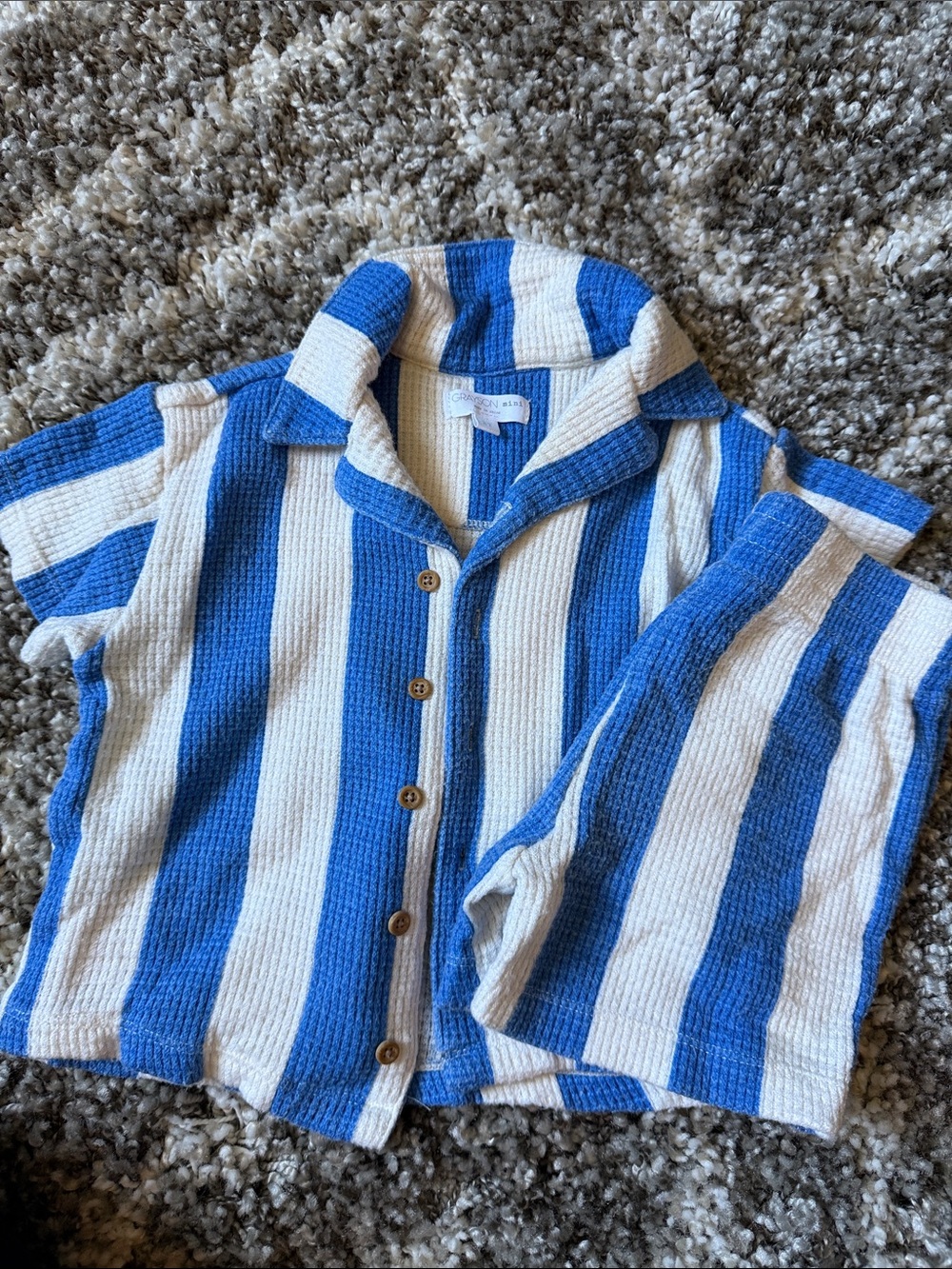 Kids Blue & White Striped Short Sleeve Shirt - Casual Button-Up and shorts set
